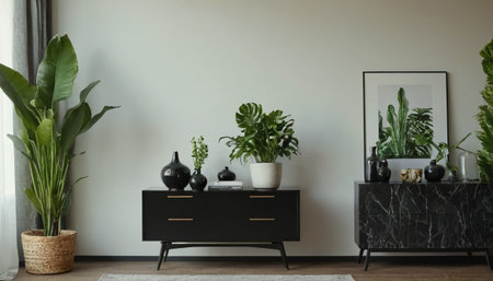 Interior of modern living room with plants in pots and black cabinetの素材