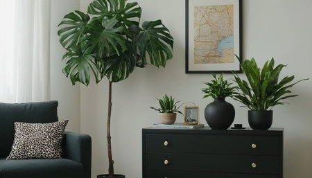 Interior design of living room with black furniture, plants and photo frames.の素材
