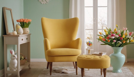 Yellow armchair and vase with tulips in bright living roomの素材