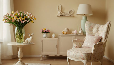 Easter interior with vintage armchair and vase with tulipsの素材