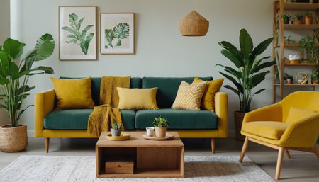 Interior of living room with yellow sofa, coffee table and plantsの素材