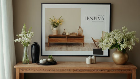 Interior of modern living room with wooden commode, white flowers in vases, mock up poster frame and candlesの素材