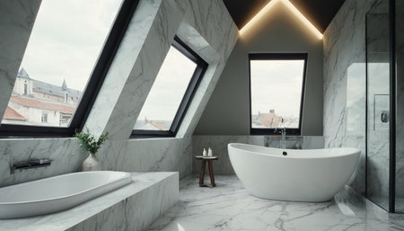 Interior of modern bathroom with marble walls, concrete floor, white bathtub and window with city view. 3d renderingの素材