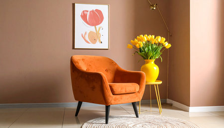 Orange armchair with yellow tulips on the floor in living roomの素材