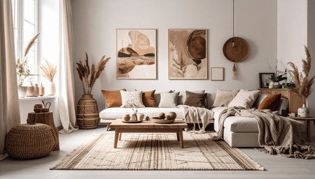 Stylish living room interior with comfortable sofa, coffee table and painting on wallの素材