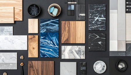 top view of various samples of laminate flooring on black backgroundの素材