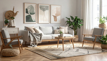 Interior of living room with grey sofa, coffee table and plantの素材