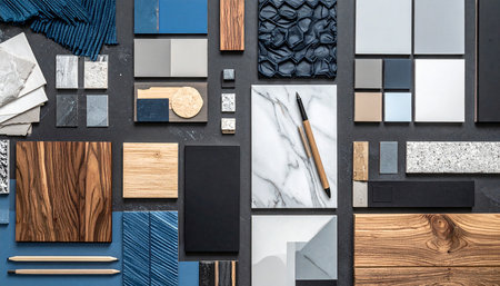 Top view of creative designer desk. Flat lay composition with branding mock-up and branding template.の素材