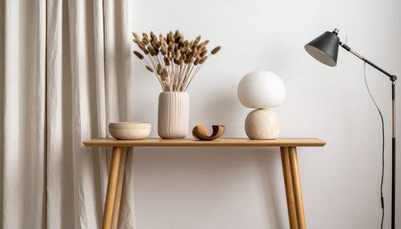 Wooden shelf with vase, lamp and pampas grassの素材