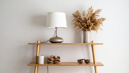 Wooden shelf with a lamp, glasses and pampas grassの素材