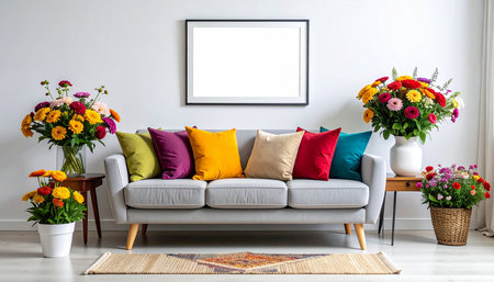 Interior of modern living room with sofa, colorful pillows and flowersの素材