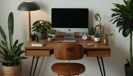 Workplace with computer and plants on wooden desk. Home office conceptの素材