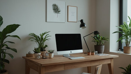 Modern workplace with computer and office supplies on wooden desk in home officeの素材