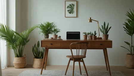 Interior of modern living room with wooden table, laptop and green plantsの素材