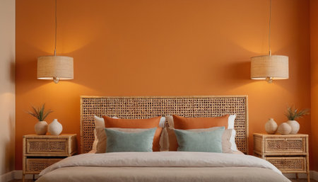 Interior of modern bedroom with wicker bed, pillows and lampの素材