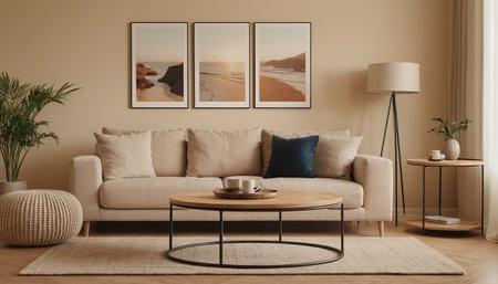 Modern living room with beige sofa, coffee table and posters. 3d renderの素材