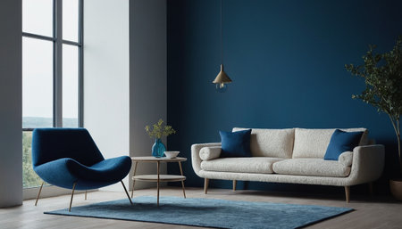 Modern living room interior with blue sofa, coffee table and plant. 3d renderの素材