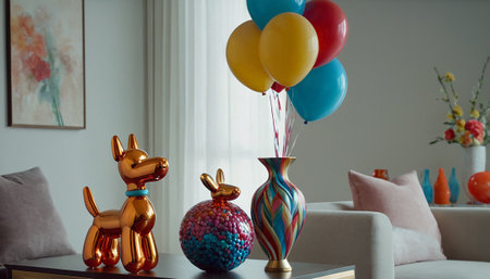 Vase with colorful balloons on table in living room. Interior designの素材