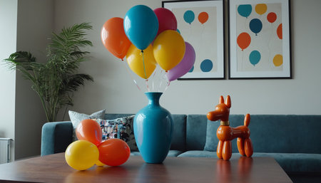 Colorful balloons on table in living room at home. Interior designの素材