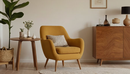 Interior of living room with yellow armchair and wooden commodeの素材