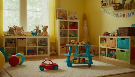 Interior of children's room with toys on carpet and wooden shelvesの素材