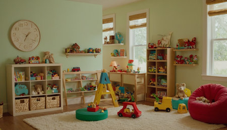 Interior of children's room with toys and clock in green tonesの素材