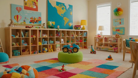 Interior of a child's room with toys and colorful carpet.の素材