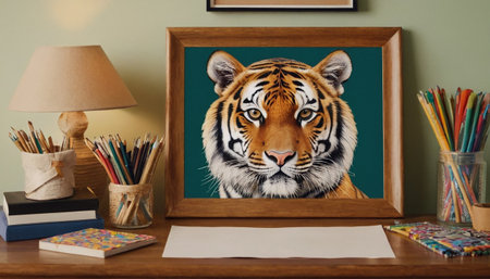 Photo of a tiger on a wooden table with pencils and a frameの素材