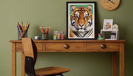 Wooden table with picture of tiger and stationery on green wallの素材