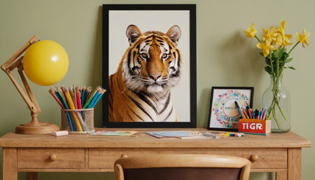 Photo of a tiger sitting at a wooden table with a picture frame, pencils and flowers.の素材