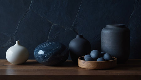 Earthenware on wooden table in front of dark stone wallの素材