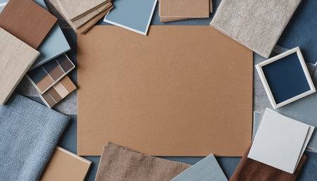 Designer workspace with blank brown paper sheetrative elements and copy space. Top viewの素材