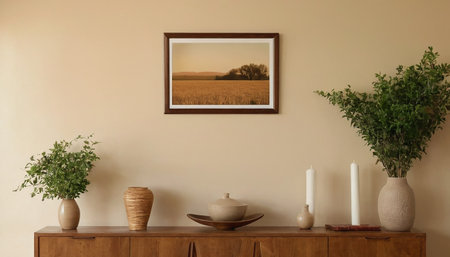 Beautiful composition with vase on wooden table near beige wallの素材