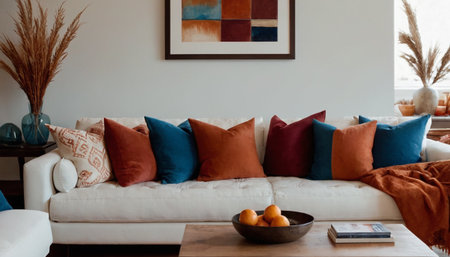 Modern living room interior design with sofa and pillows, living roomの素材