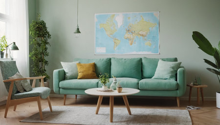 interior of living room with green sofa, coffee table and mapの素材