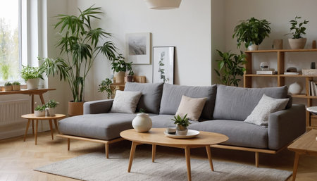 Modern living room interior design with grey sofa, coffee table and plantsの素材