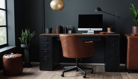 Interior of modern office with black walls, wooden floor, comfortable brown armchair and computer. 3d renderの素材