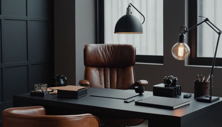 Interior of modern office. Workplace with a leather armchair, a lamp, a coffee cup and a notebook.の素材