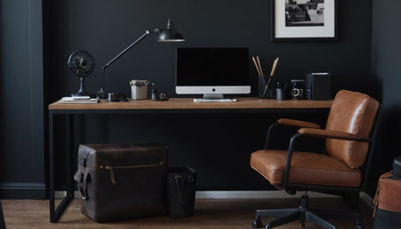 Comfortable workplace with computer, stationery and cup of coffee in officeの素材