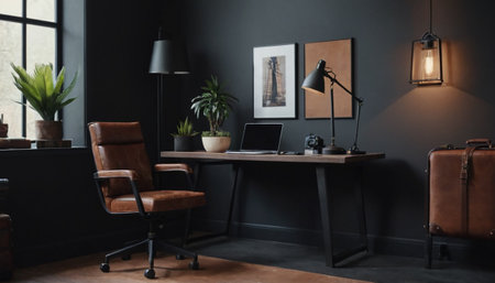 Interior of modern office room with wooden furniture, armchair and laptopの素材