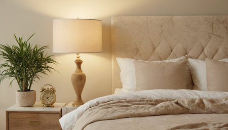 Comfortable bed with pillows and table lamp in bedroom. Interior designの素材