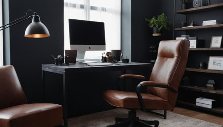 Modern office interior with brown leather armchair, computer and coffee tableの素材