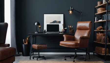 Modern office interior with comfortable armchair, laptop and other items. Mock upの素材