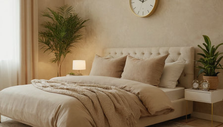 Stylish bedroom interior with beige pillows on bedside tableの素材