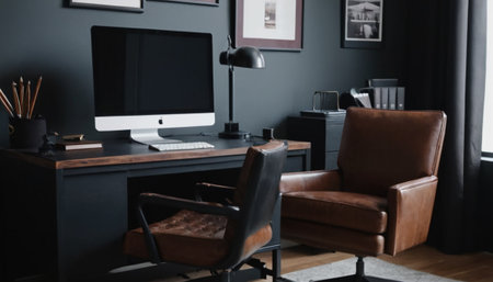 Modern home office with computer on table and armchair in front of windowの素材