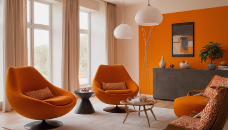 Interior of modern living room with orange armchairs and coffee tableの素材