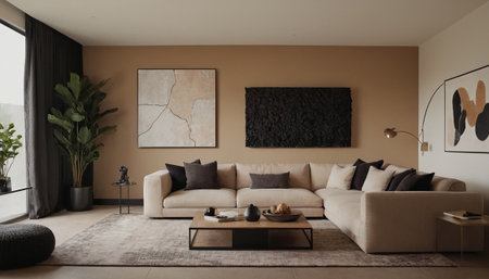 Modern living room interior design with brown sofa, coffee table and postersの素材