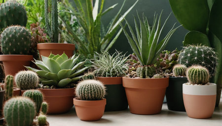 Different cacti in pots on table, closeup. Interior designの素材