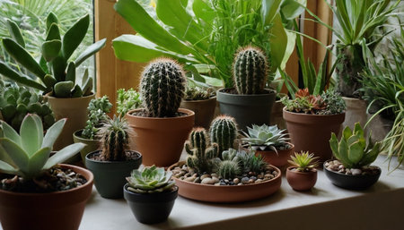 Variety of cactuses in pots on the windowsill.の素材