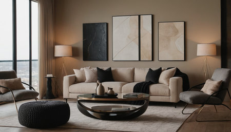 Modern living room interior with sofa and coffee table. 3d renderの素材